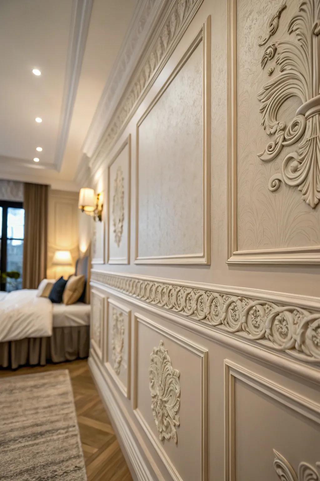 Refined wall decorations enhance texture and eternal elegance.