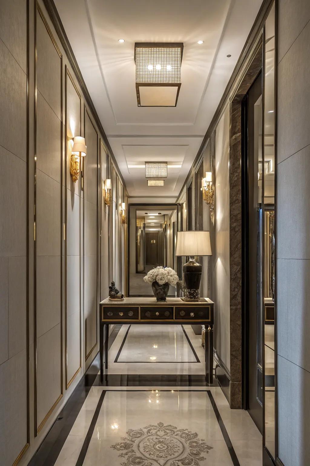 Mirror-clad walls enhance illumination and spatial dimensions.