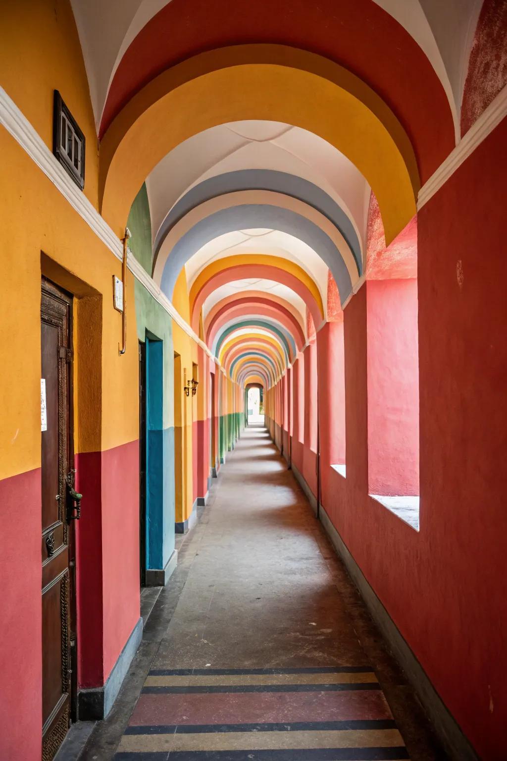 Painted arches infuse uniqueness into a hallway.
