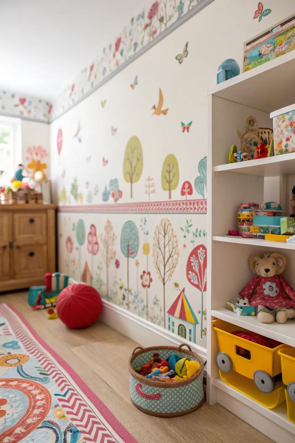 A children's chamber transformed into a whimsical wonderland through a wallpaper border.
