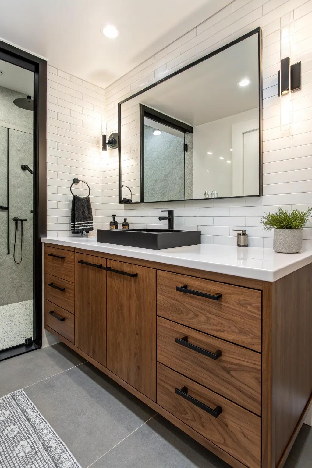 Attain a contemporary visual appeal by contrasting walnut against black accents.