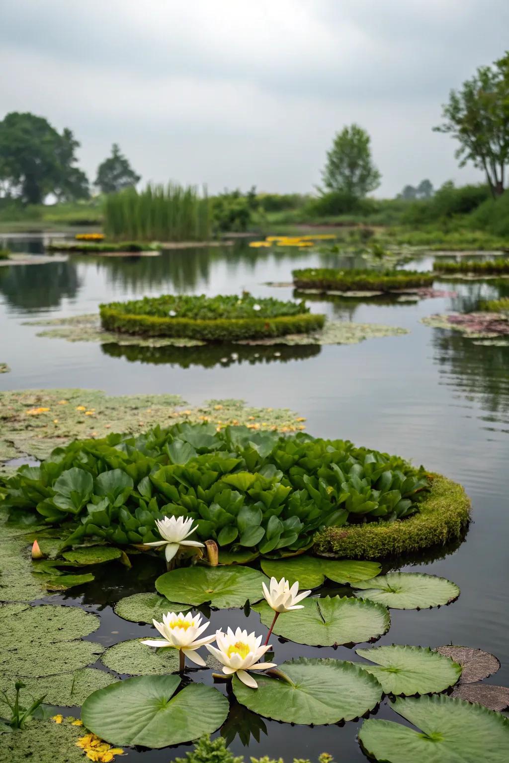 Drifting flora islands provide a distinctive element to ponds.