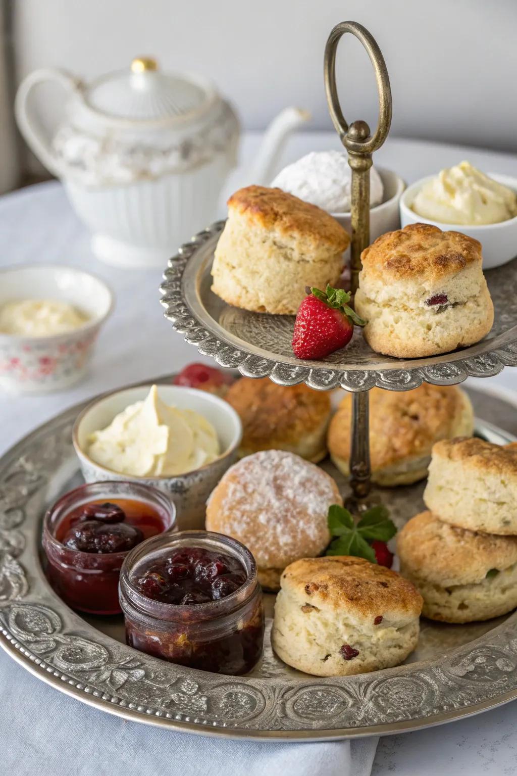 An assortment of scones accompanied by a variety of preserves and clotted cream, introducing a comforting nuance.