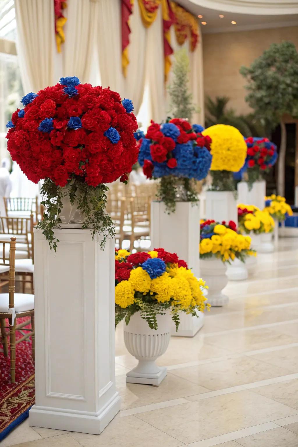 Floral compositions featuring bold primary tones, adding a vibrant and stimulating aspect to the wedding decor.