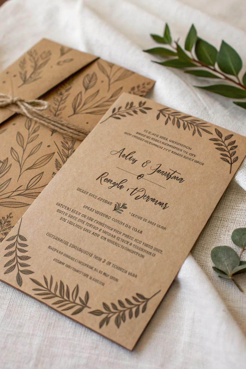 A rustic invitation upon recycled brown paper featuring foliate motifs.