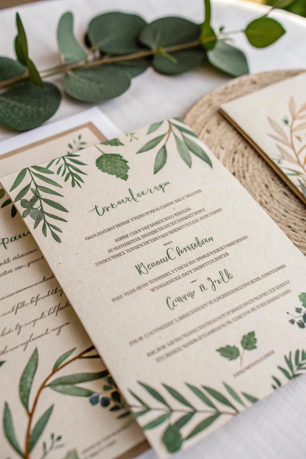 Eco-conscious wedding announcement crafted from sustainable materials.