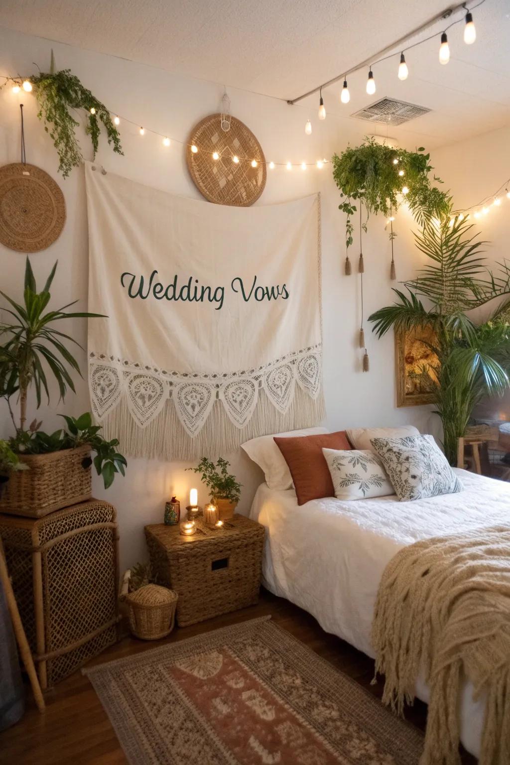 Bohemian vows on wall adornment generating a stunning statement in a visitor's suite.