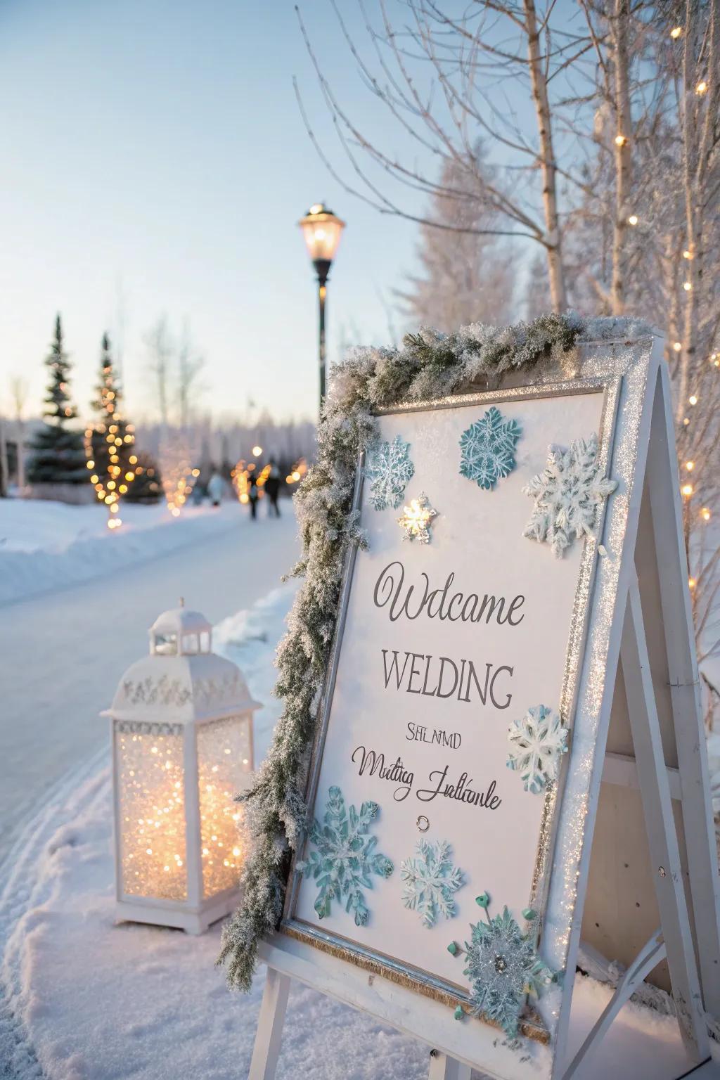 A themed greeting plaque with snowflakes and glitter accents, ideal for a winter wedding.