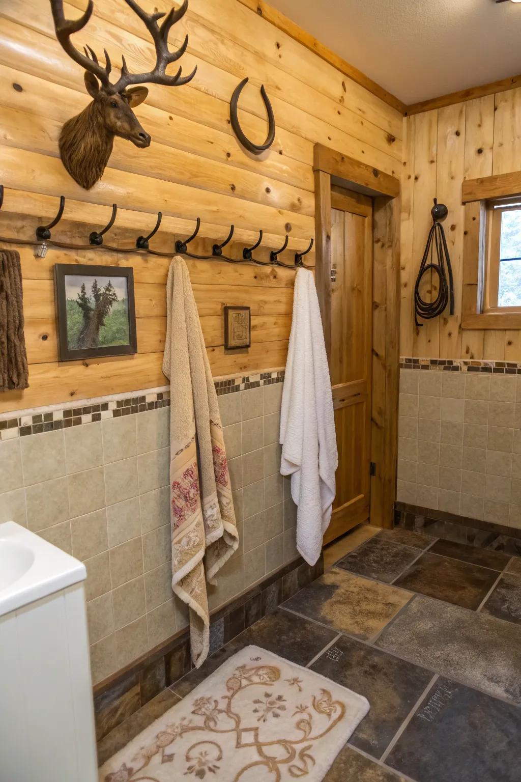 Horn and horseshoe details add unique Western flair to this bathroom.