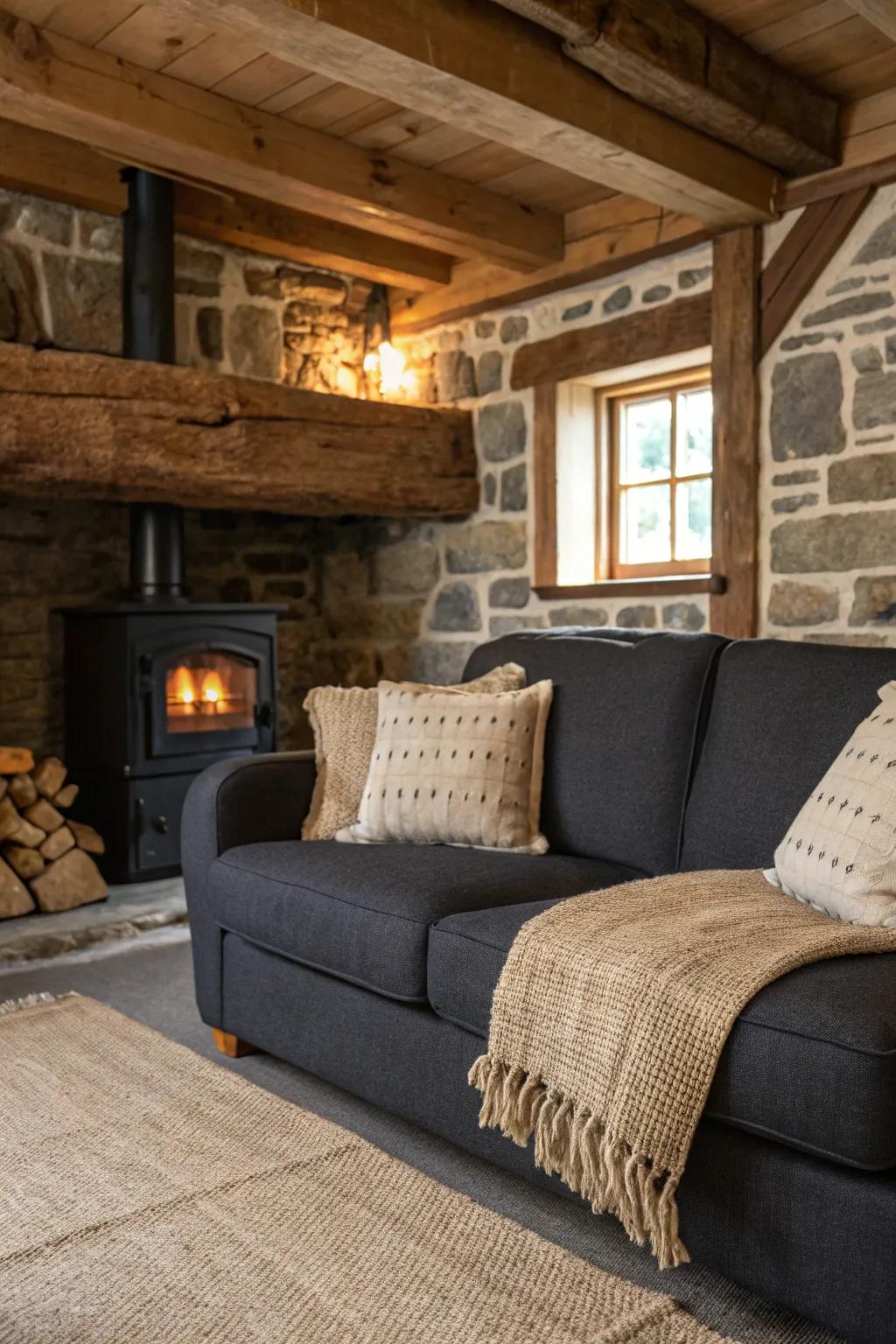Canvas cushions bring rustic charm to the dark grey sofa.