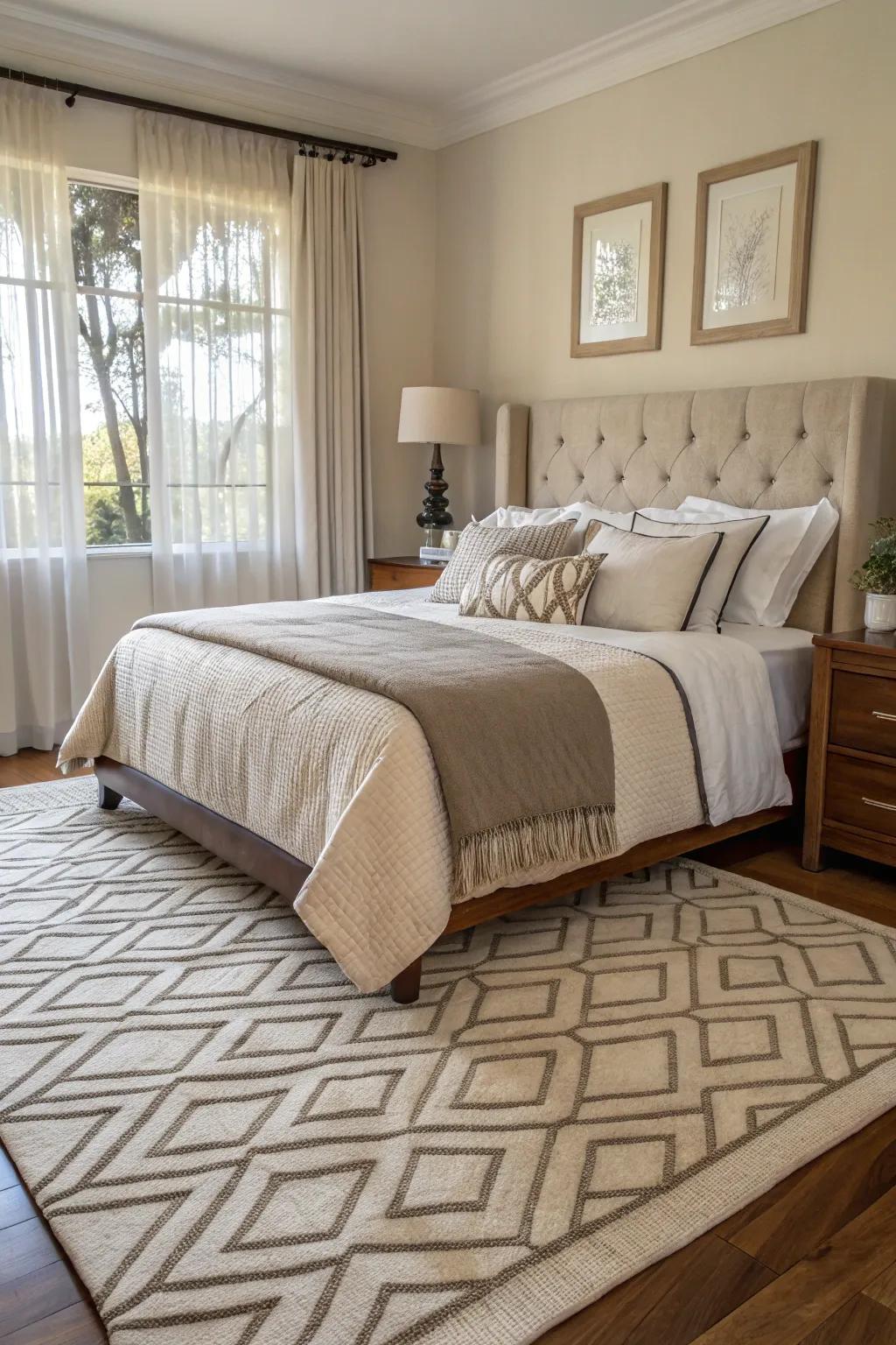 Oblique floor covering placement contributes theatricality and redefines the room's visual vitality.