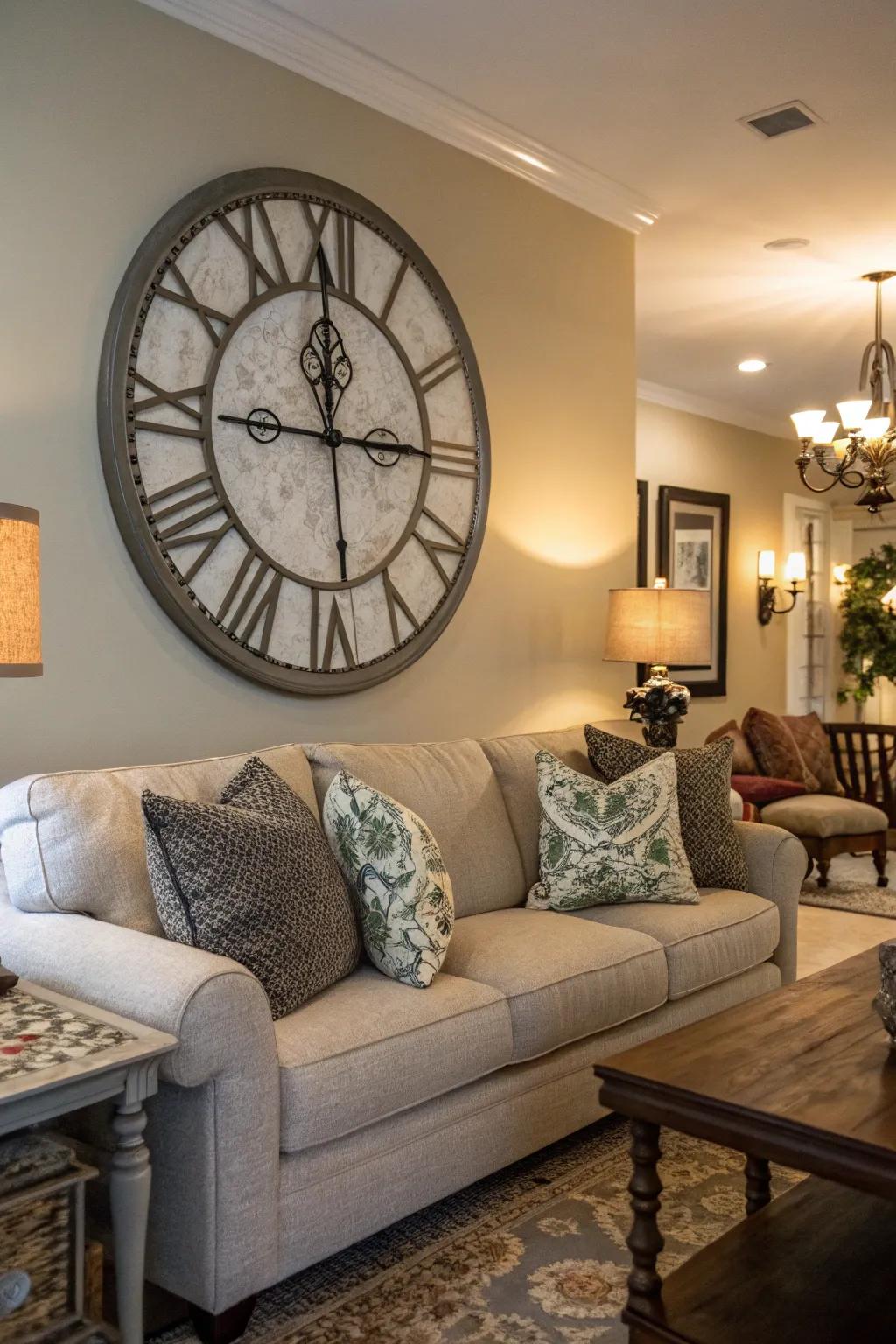 A striking wall clock combines function with style.