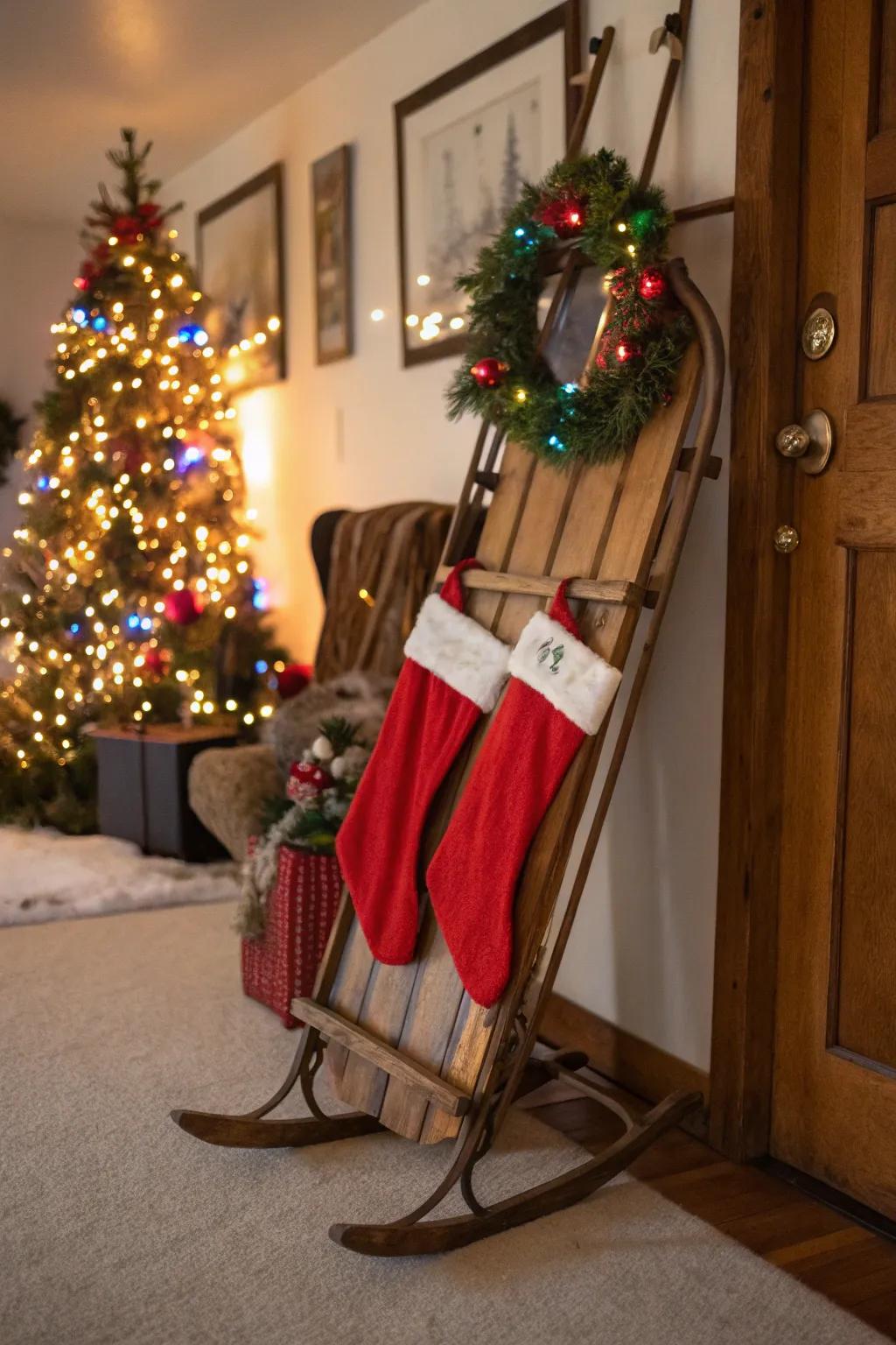 A vintage sled provides a whimsical touch for stocking displays.