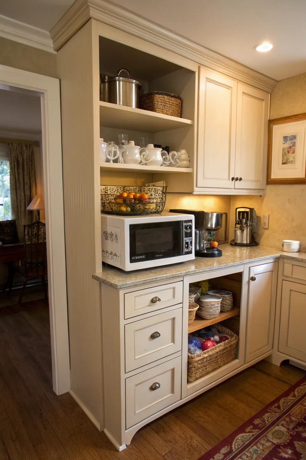 A custom cabinet showcasing a neatly stored microwave.
