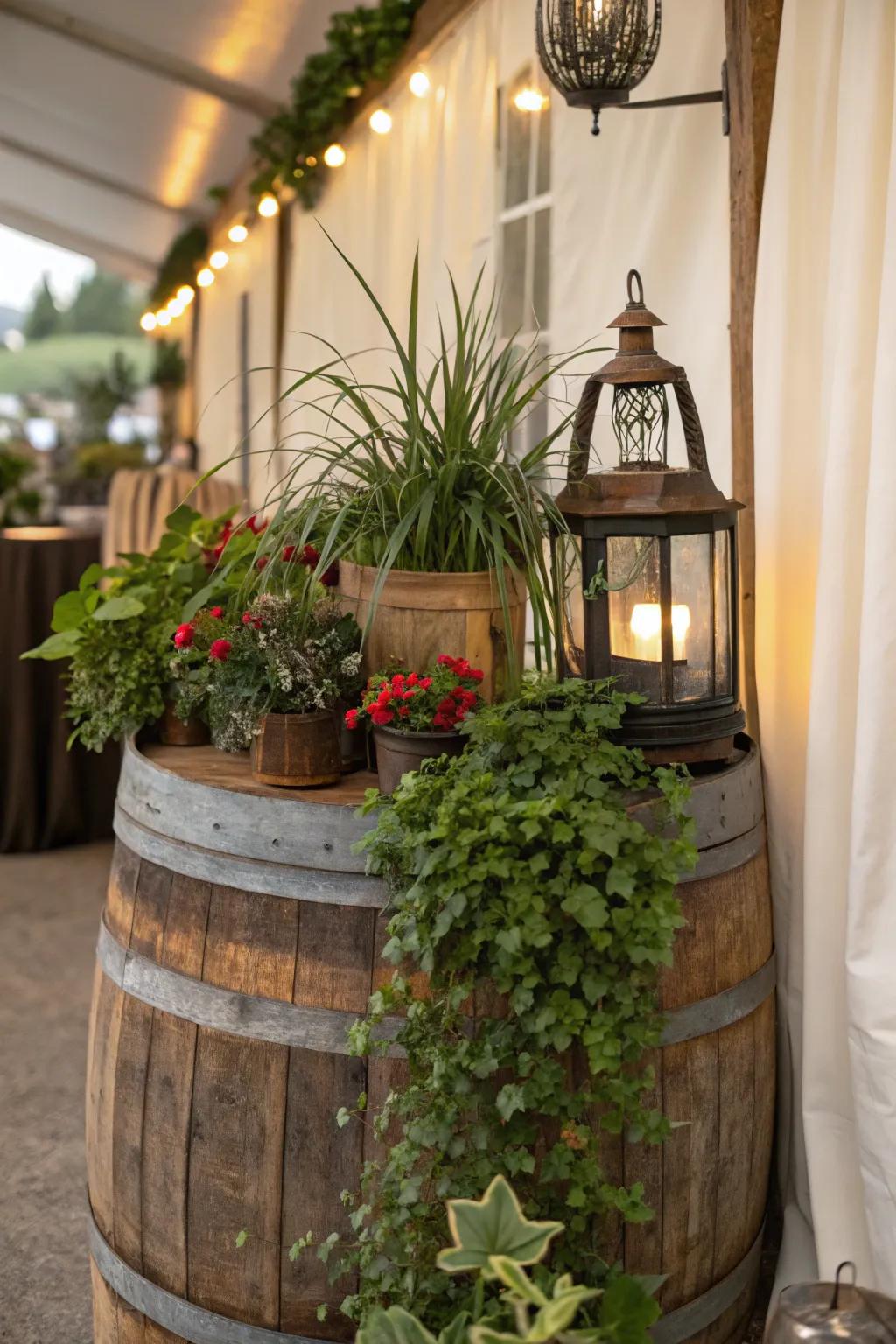 A retro garden arrangement with salvaged liquor cask and ancient lighting.