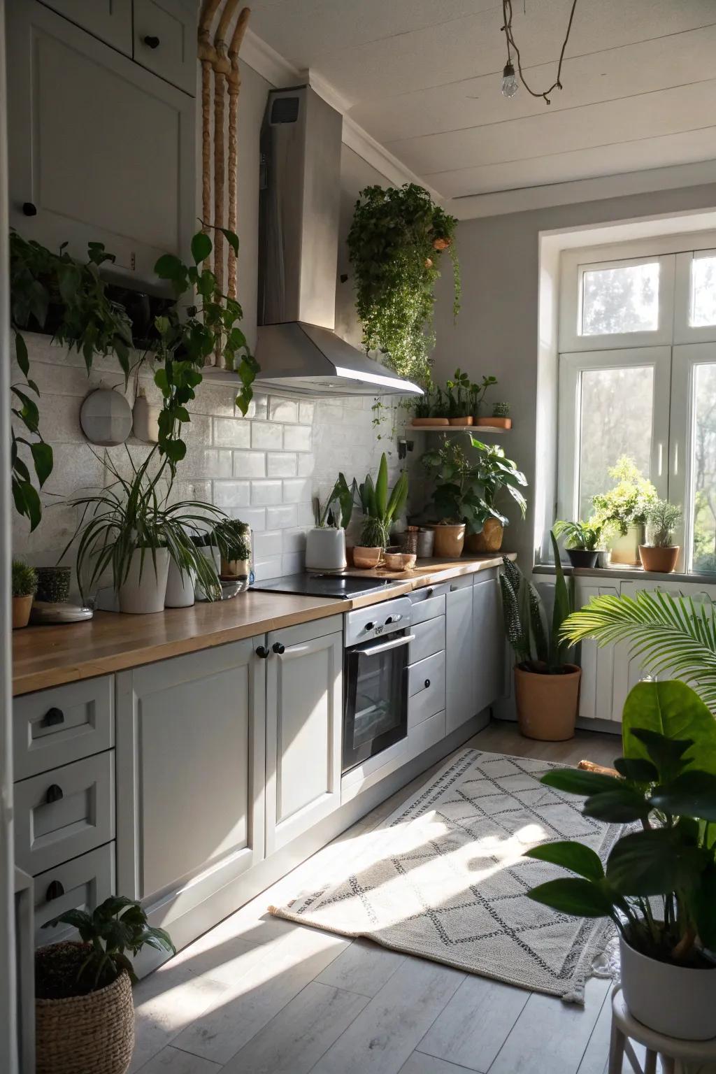 Greenery adds a refreshing touch to the kitchen.