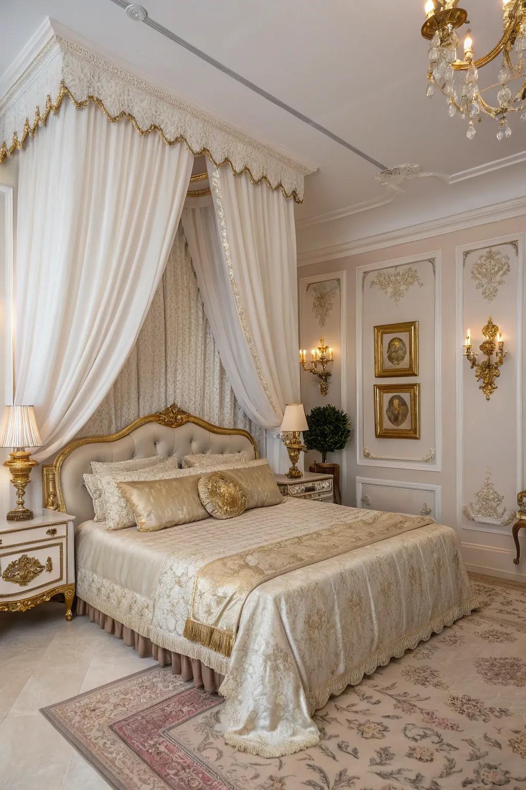 Ivory velour coverings infuse a sumptuous element to this bedroom.