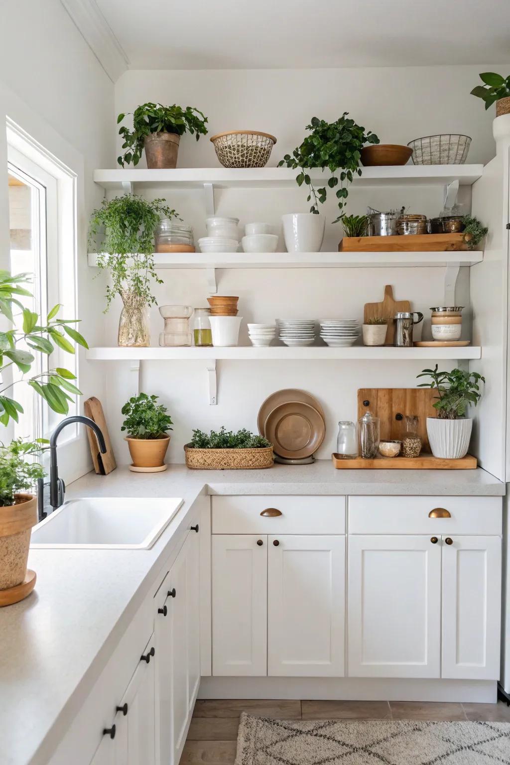 Open shelving adds a personal touch, showcasing kitchenware in the white kitchen.