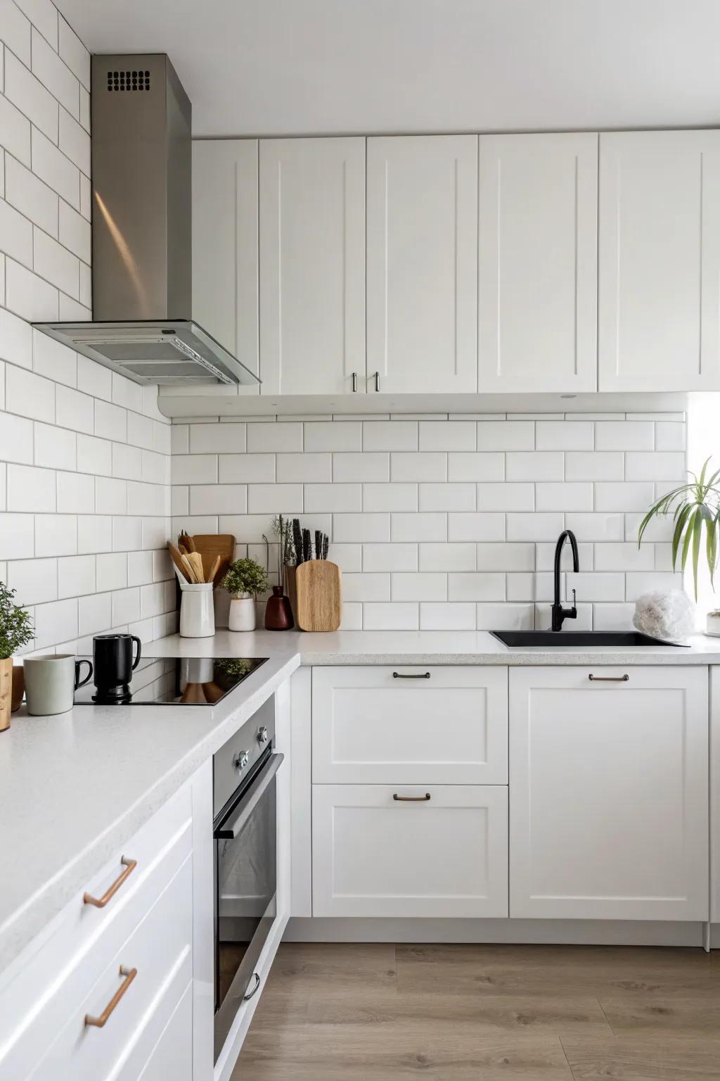 Minimalist kitchen showcasing a pristine white quartz backsplash.