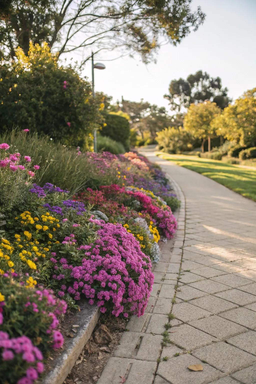 A garden path lined with a lively wildflower border.