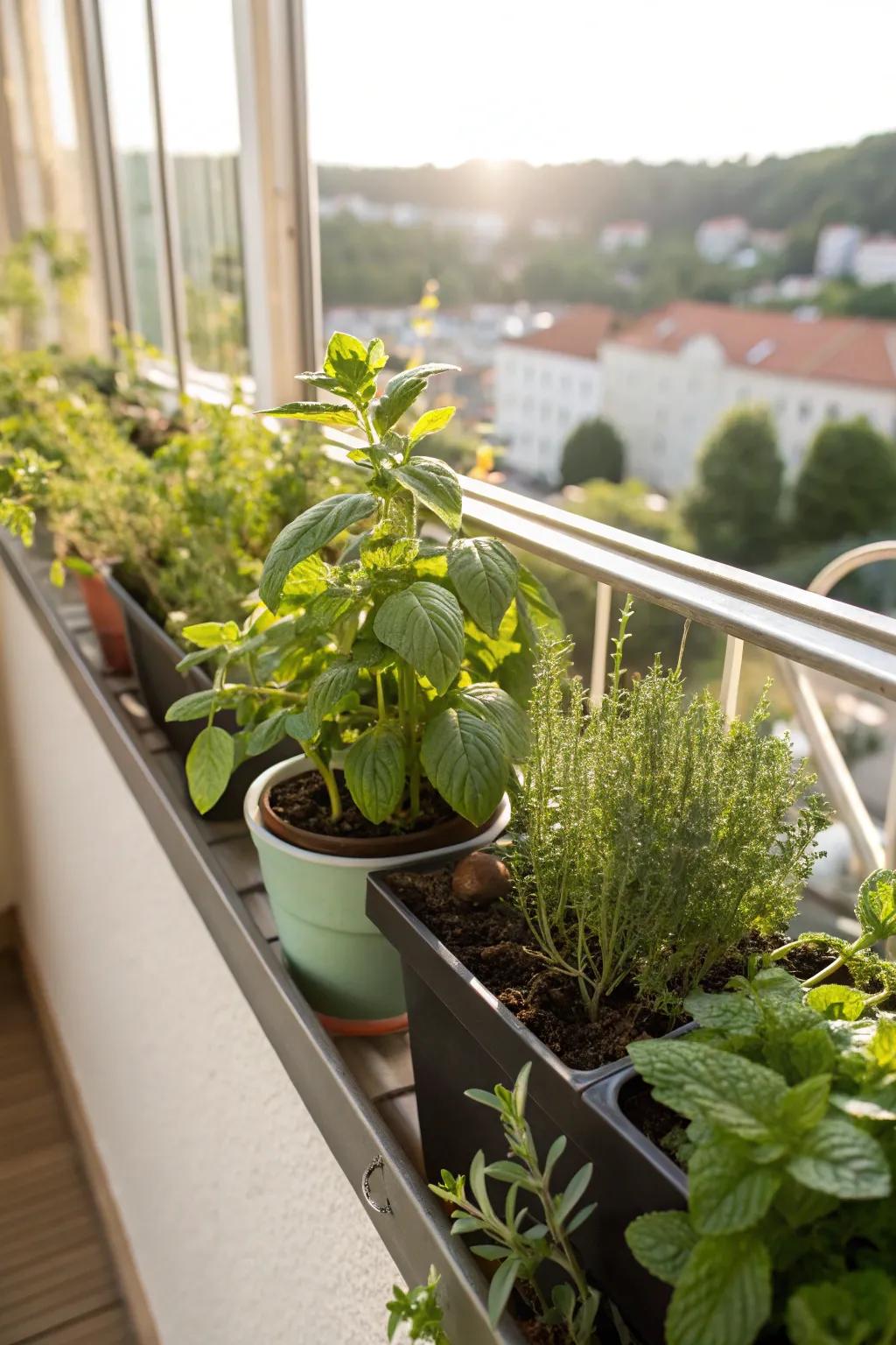 A culinary nook with mint and herbs in a window box