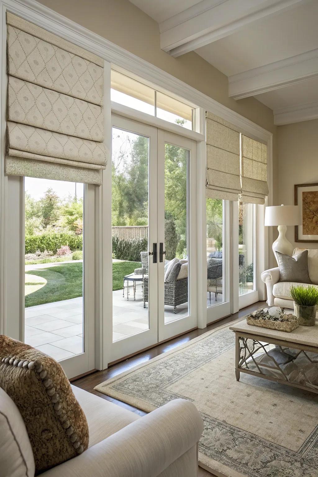 Tailored fabric window solutions bring traditional grace to your doors.