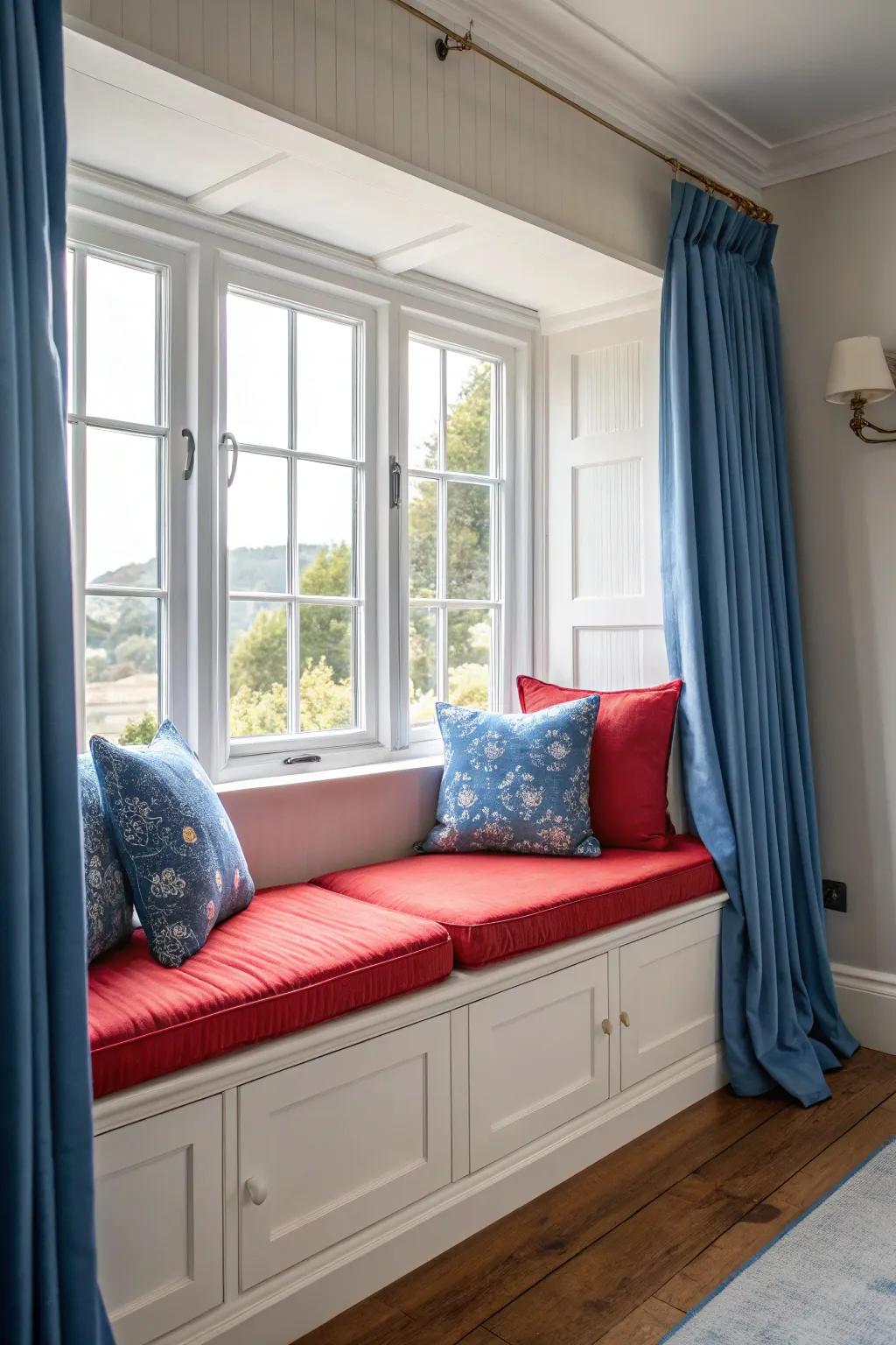 A window seat that has striking colors that make it stand out.