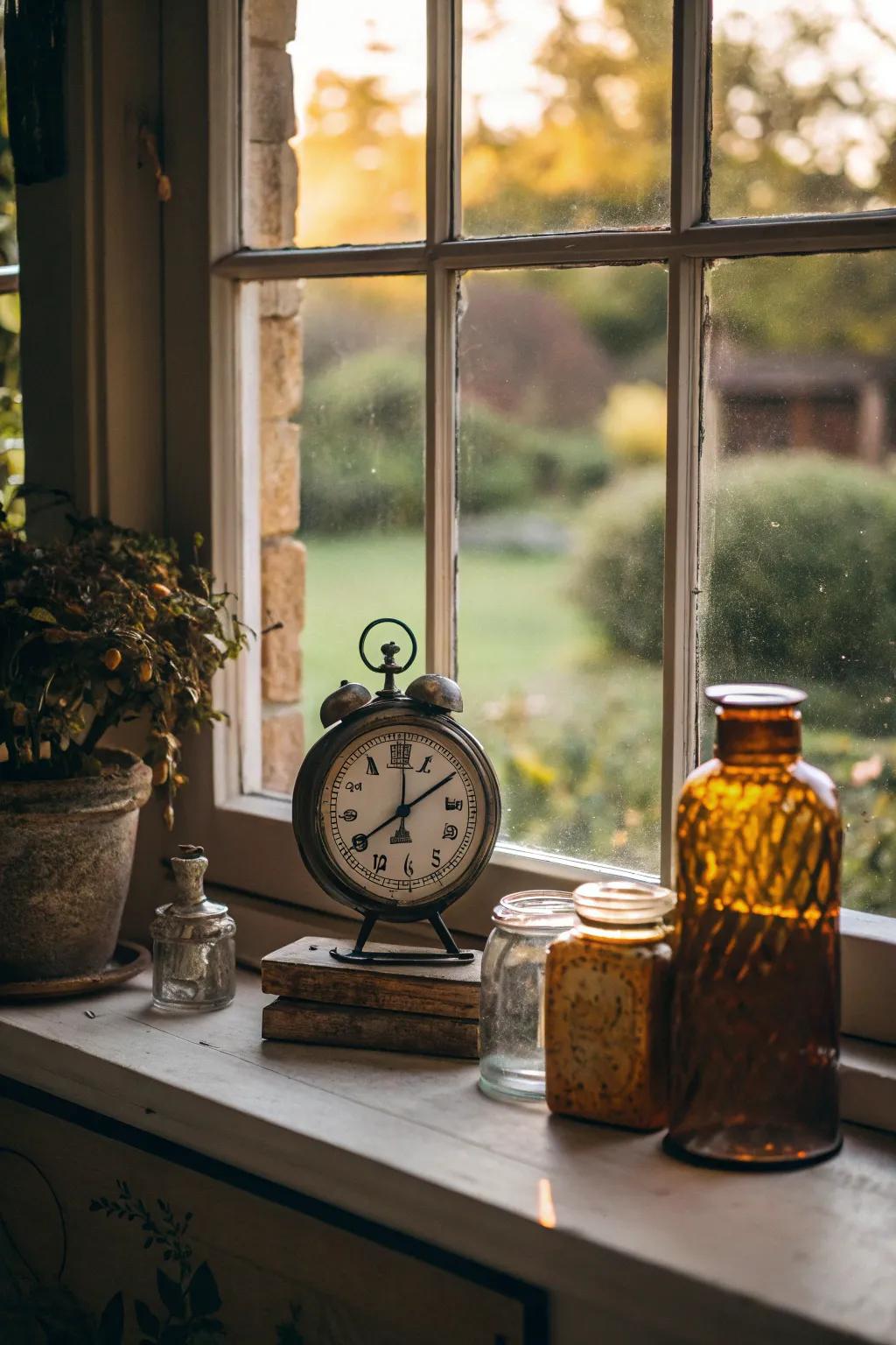 Vintage decorative articles bring nostalgia to this window sill.