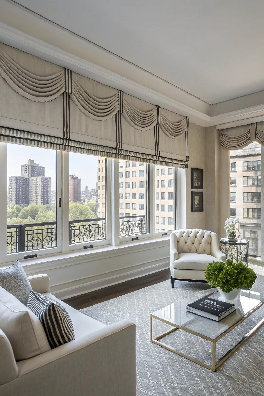 Bespoke pelmets furnish a tailored, crisp visual.