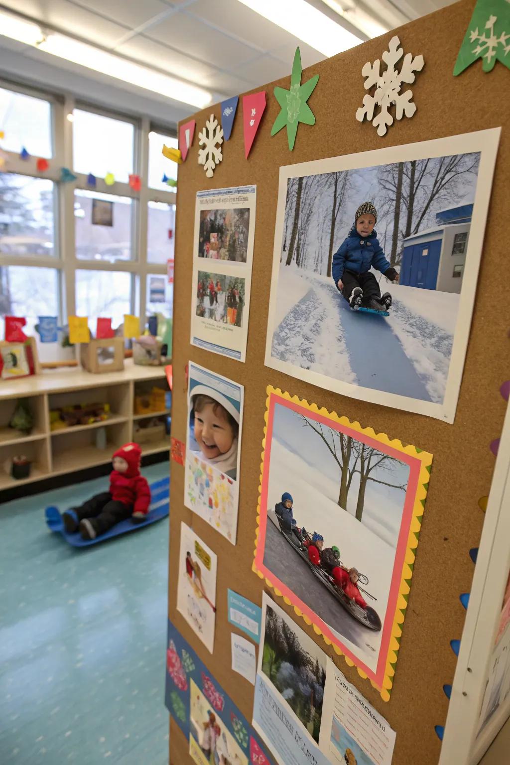 Children’s sledding escapades spring to life on the bulletin board.