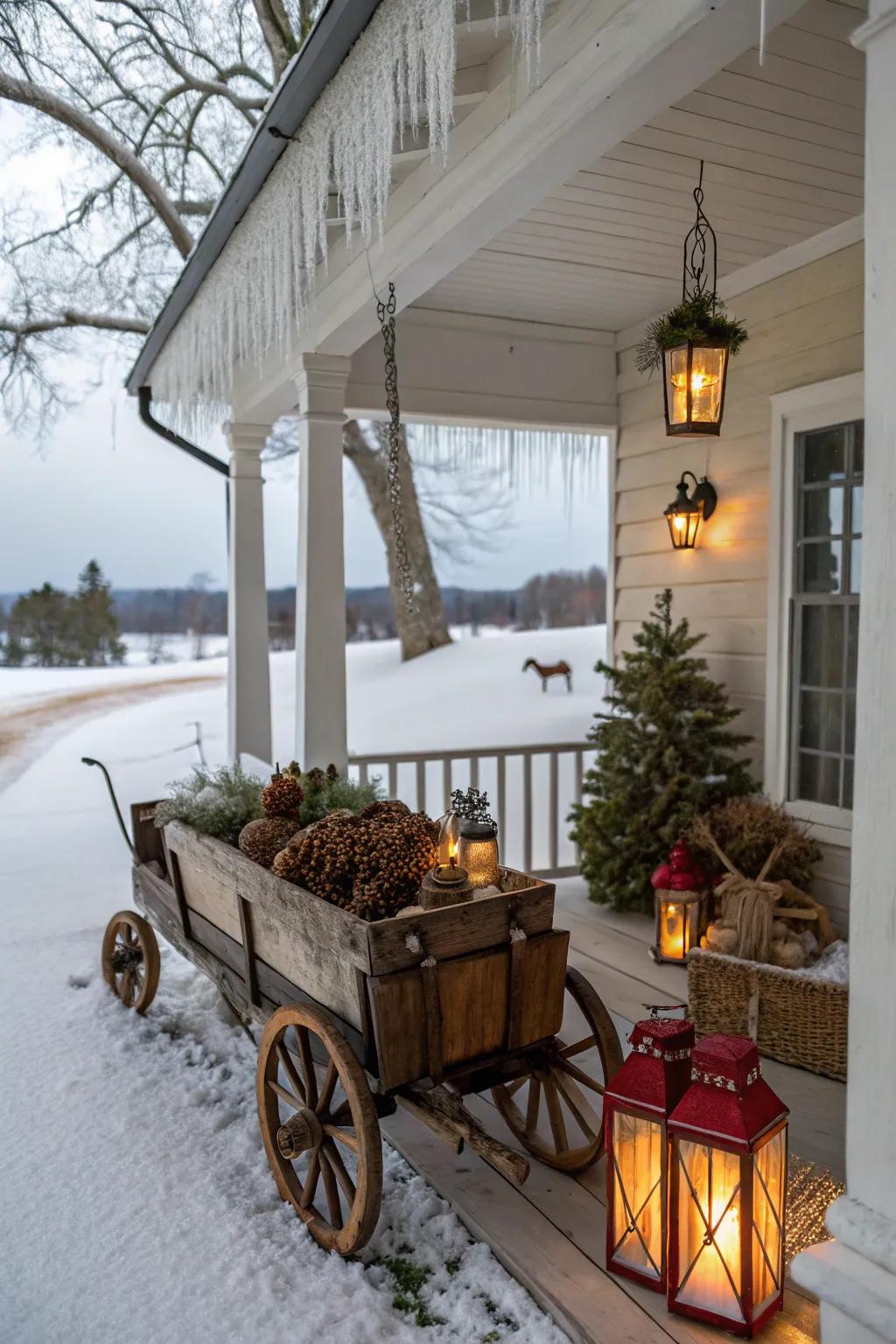 A vintage wagon appends charm and distinctiveness to this winter porch.