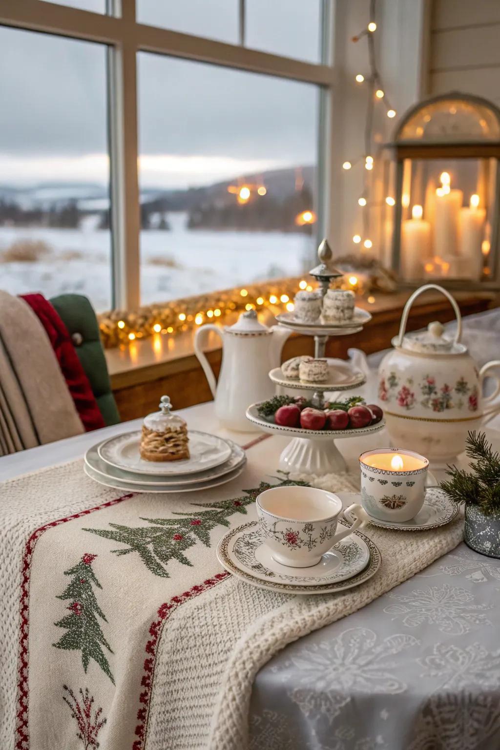 Relish a fashionable wintry tea gathering featuring elegant installations.