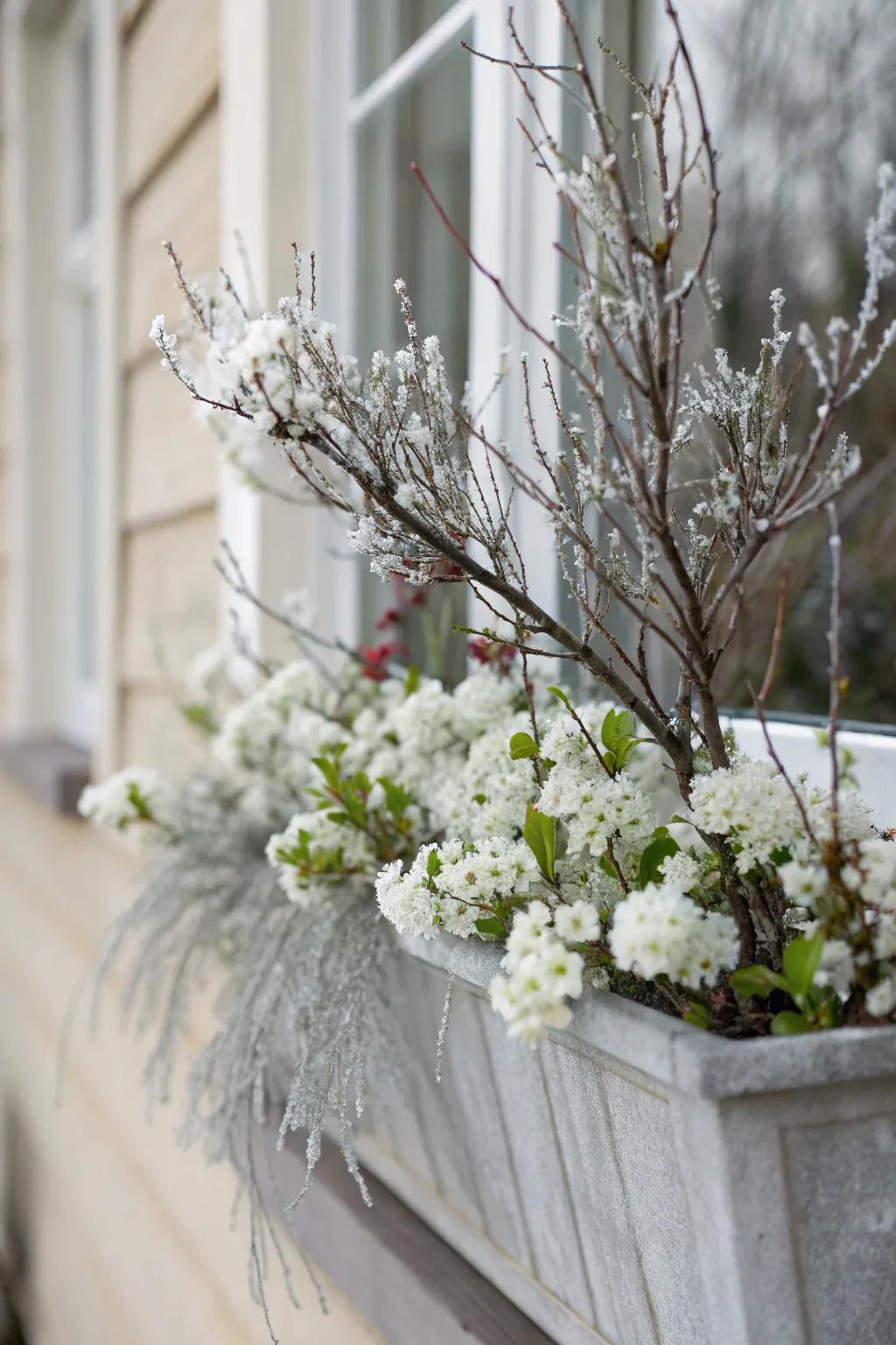 White blossoms and frosted limbs fashion a serene winter window box.