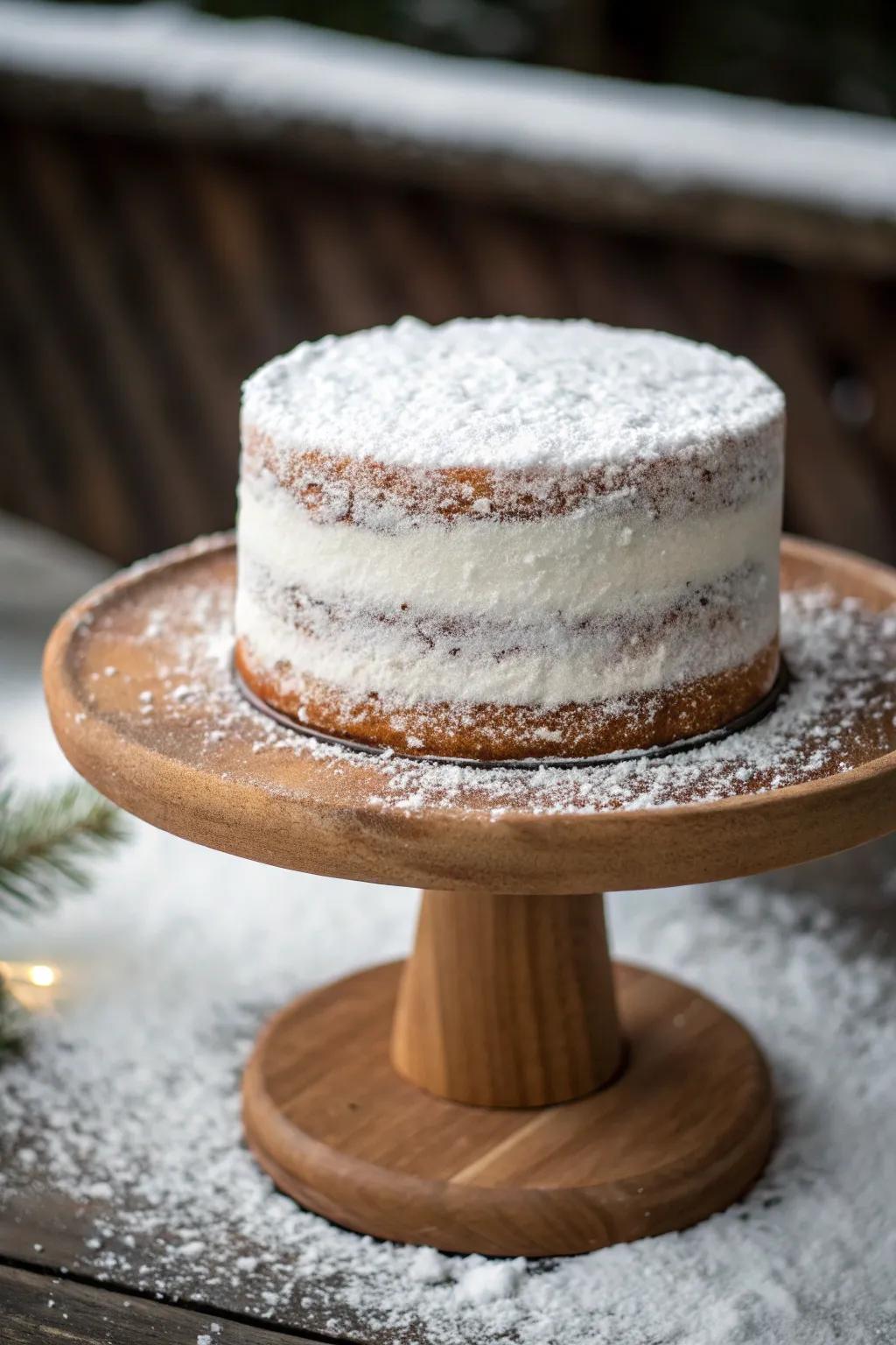 A rustic uncovered cake with a snowy nuance.