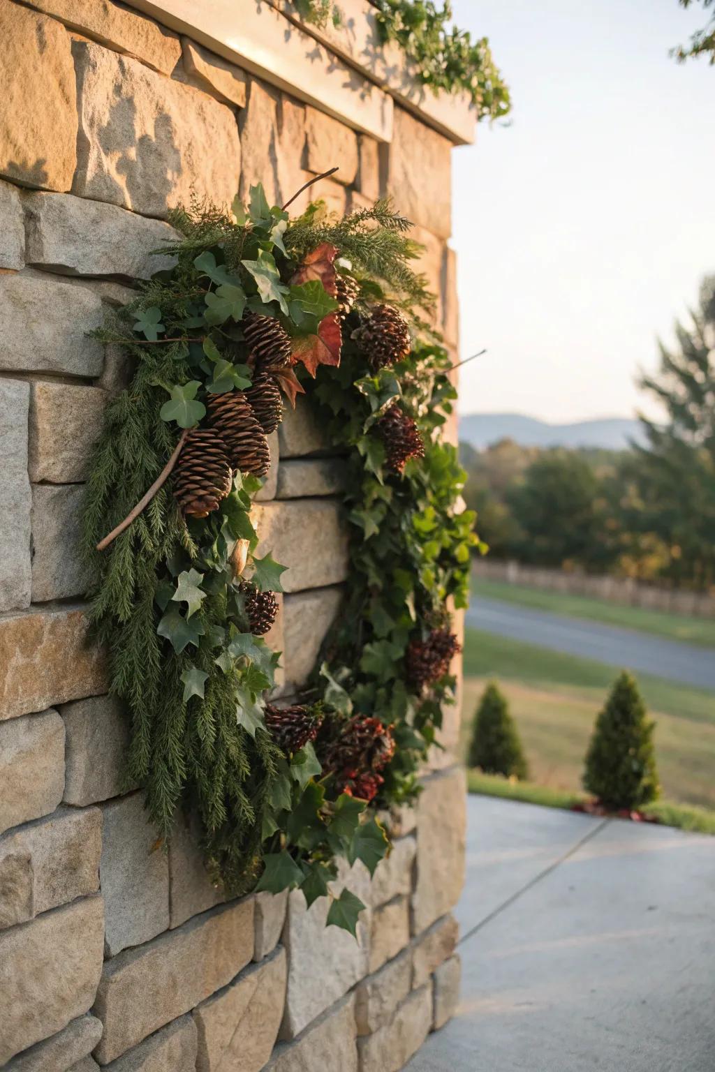 Vine and pinecones cultivate a rustic yet refined wreath.