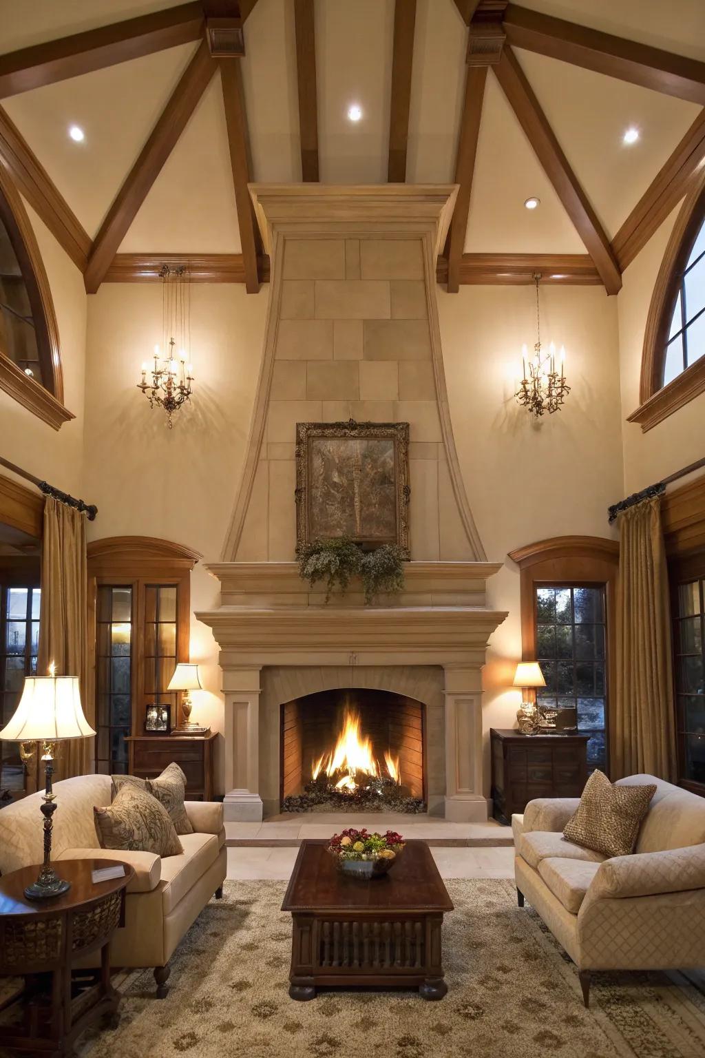 Striking lofted ceilings showcasing an extended fireplace.