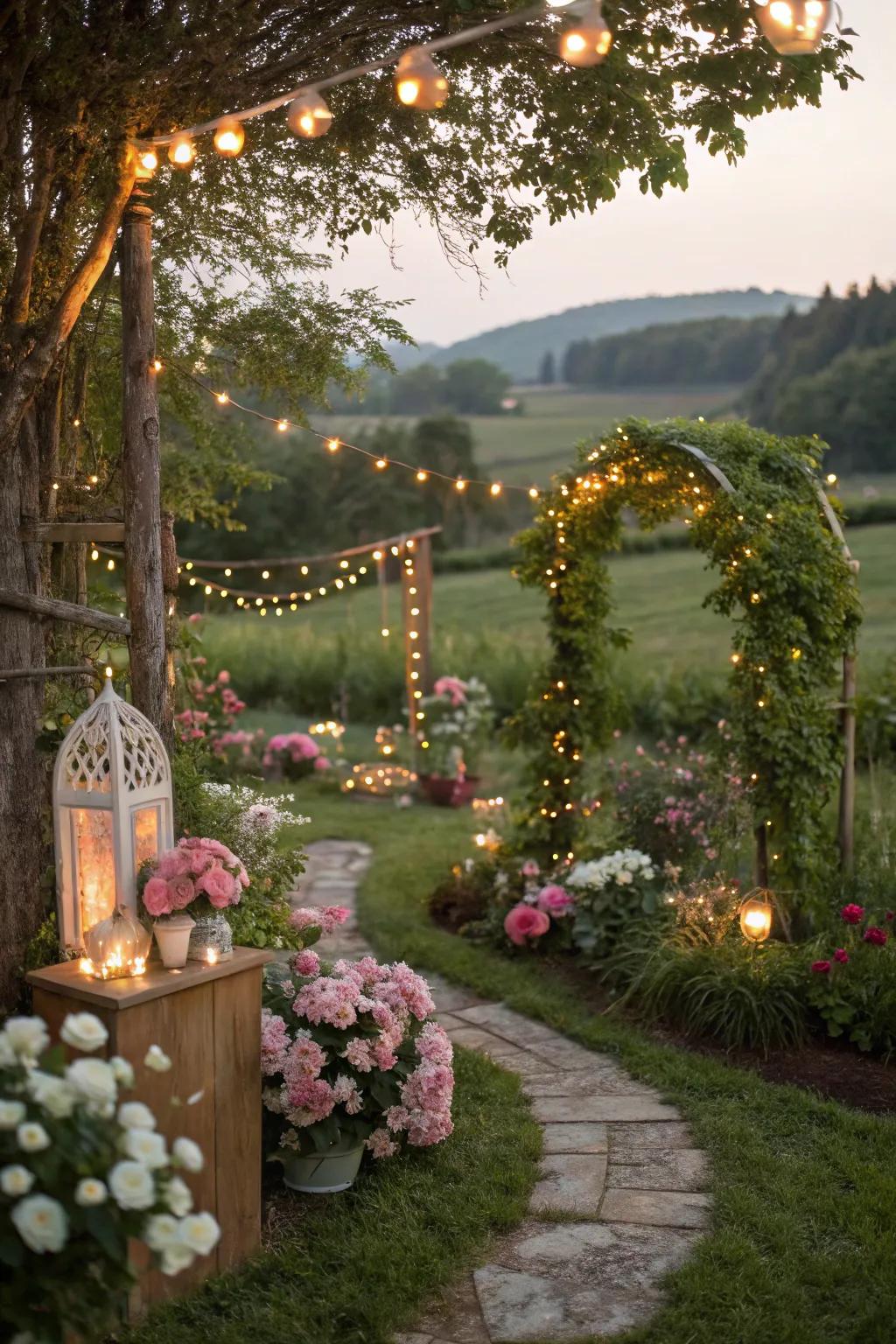 A bewitched garden soiree with sprite illumination and bewitching elements.