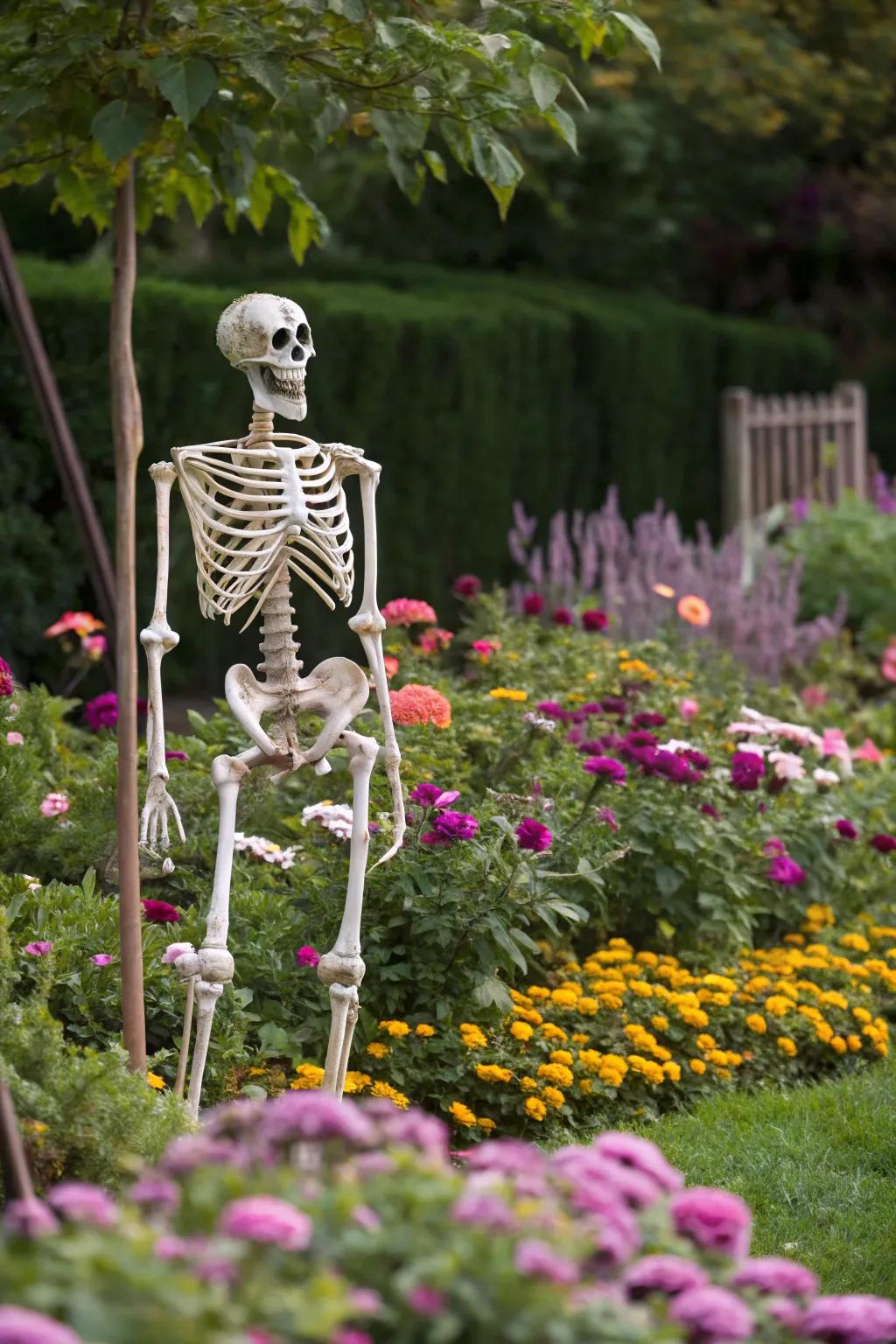 A skeleton amidst a floral garden proffers a singular visual deviation.