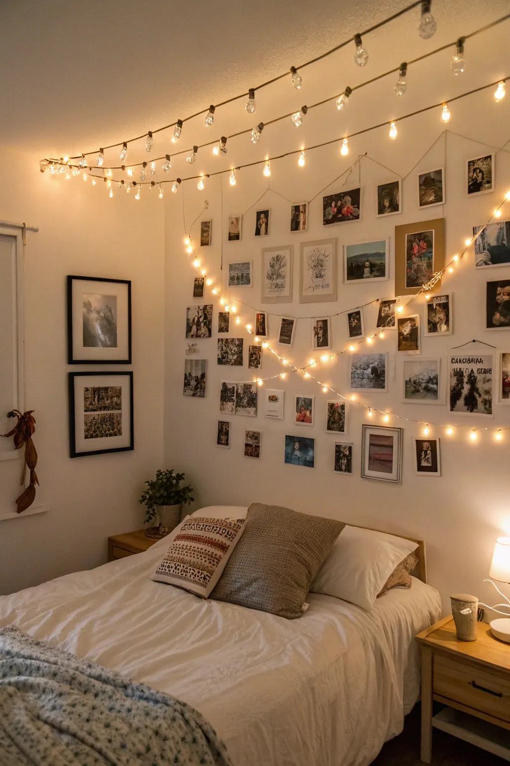 A gallery partition illuminated with LED clip lights, exhibiting personal recollections.