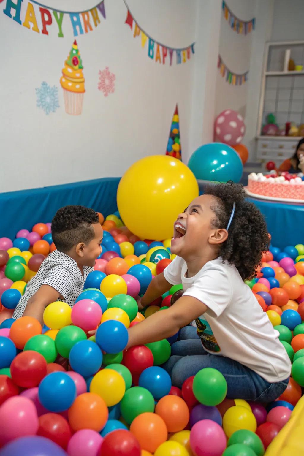 A vibrant sphere enclosure ensures giggles and joy at a first birthday party.