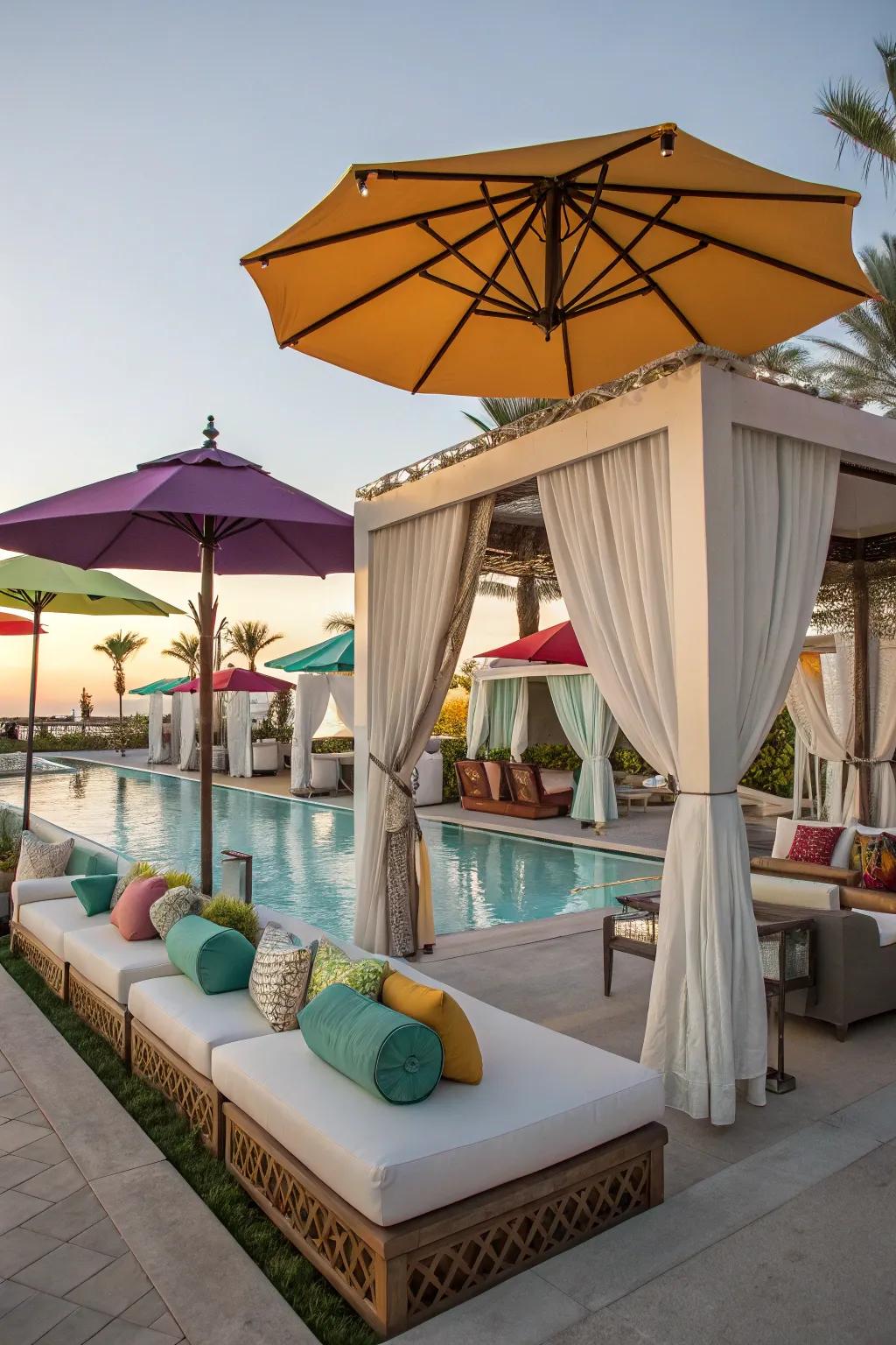 A fashionable lounge spot provides a comfortable retreat by the pool.