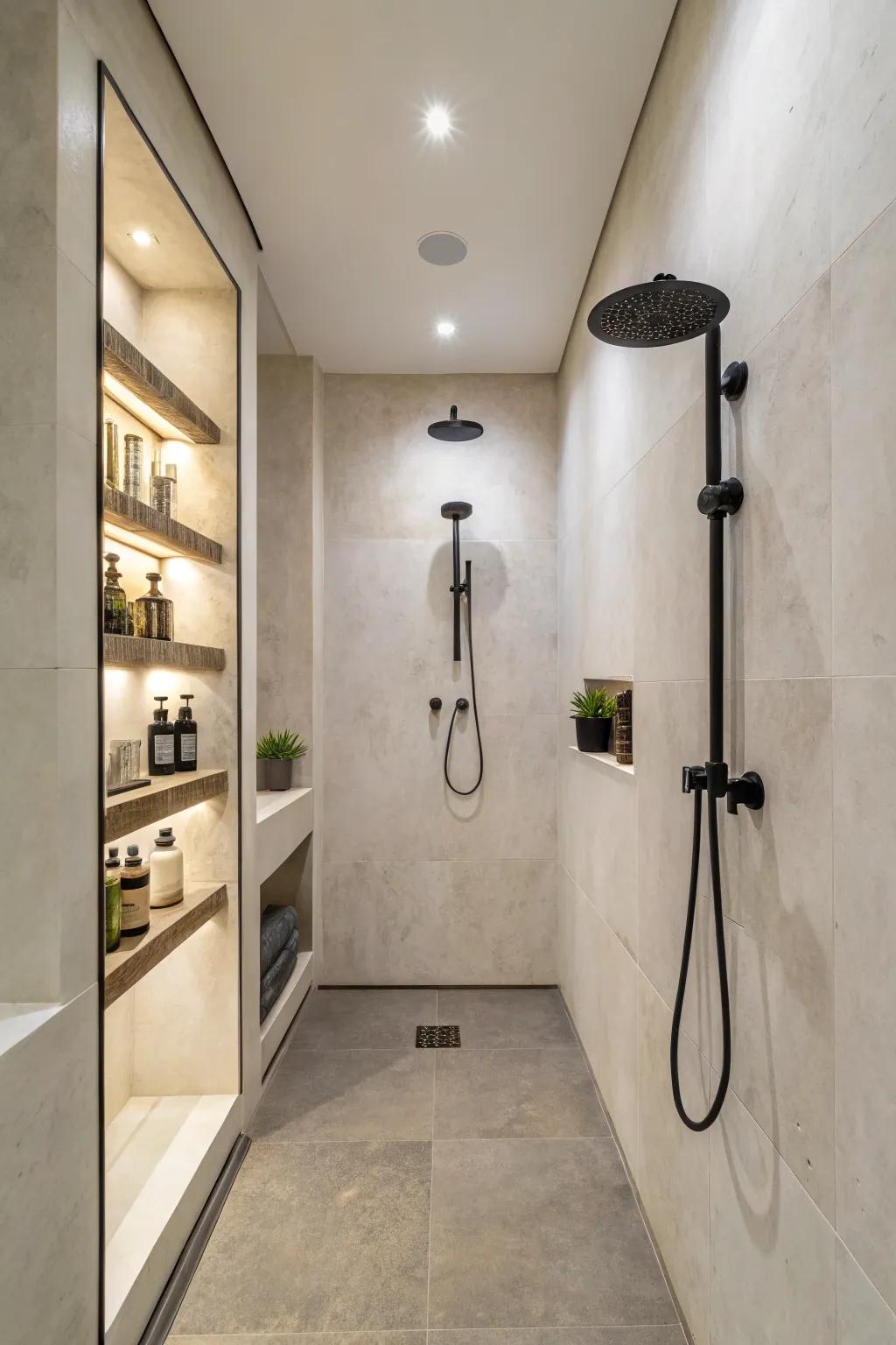 Surface-affixed spigots contribute a refined touch to compact showers.