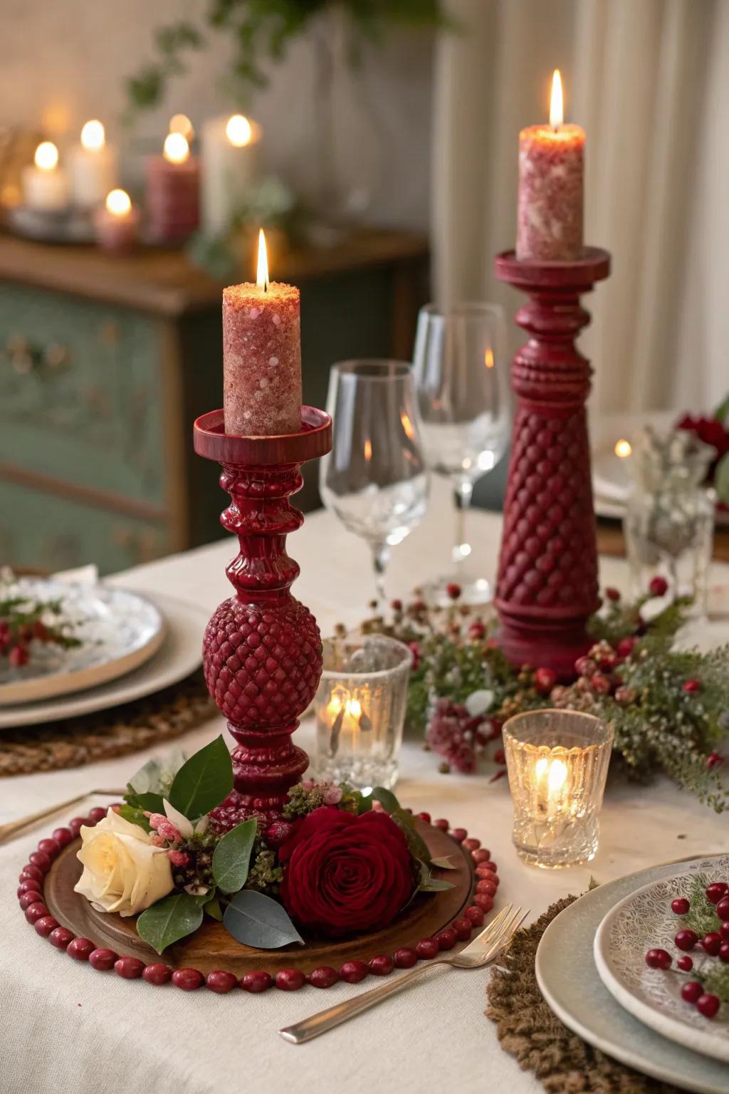 Handcrafted ruby candle displays that create a cozy ambiance.