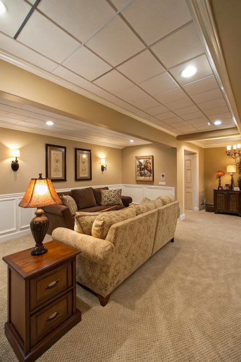 Soft and warm shades enhance the coziness of your basement.