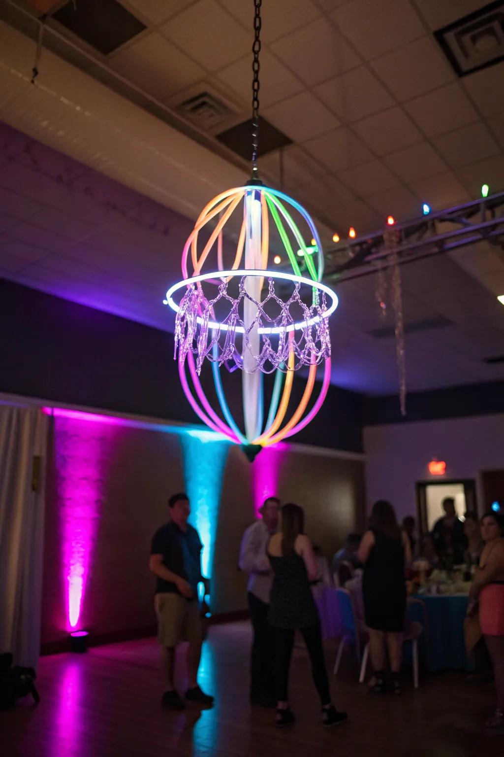 A luminous wand chandelier illuminates your celebration using vibrant colors.