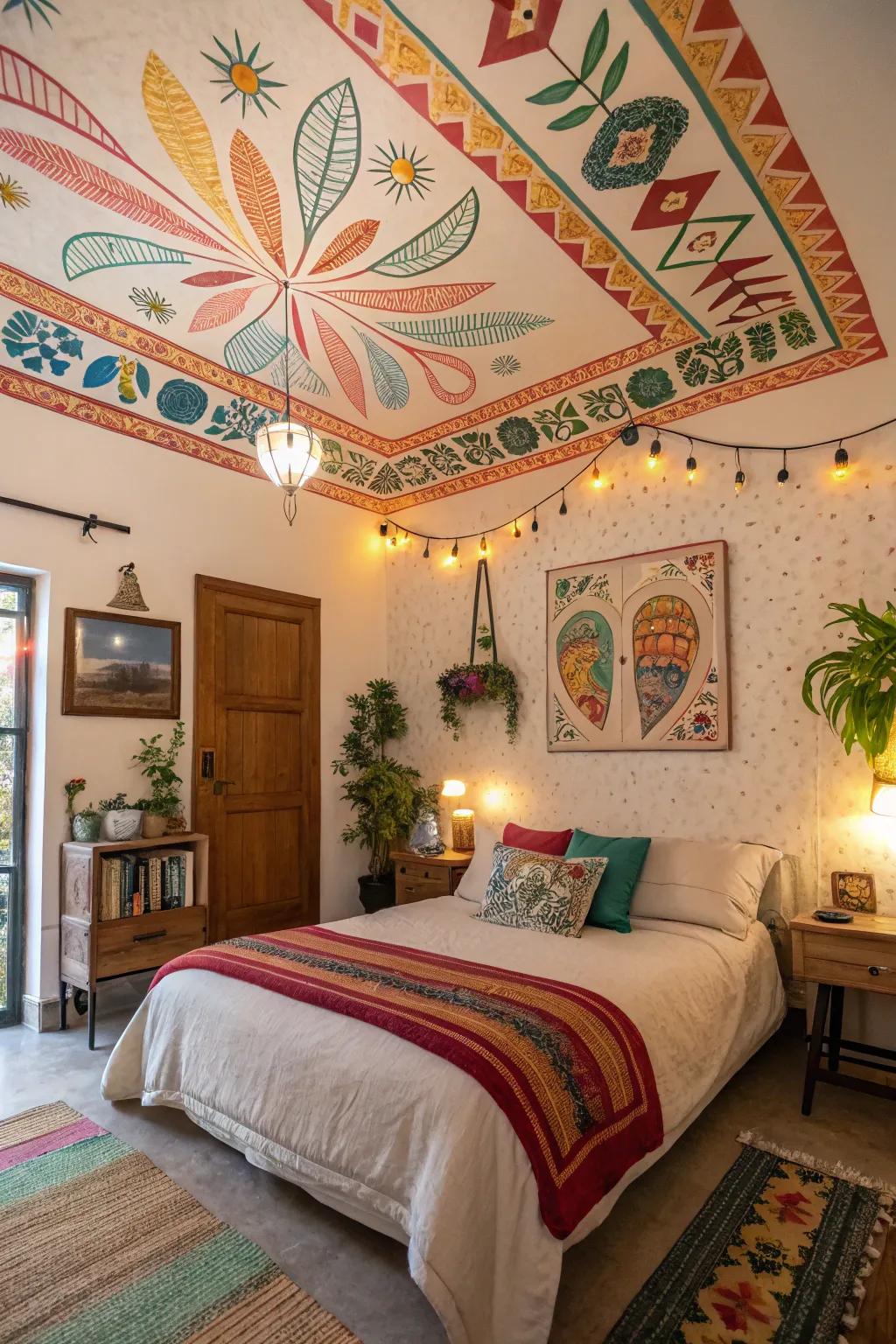Vibrant ceiling embellishments inject unexpected intrigue and depth into the room.