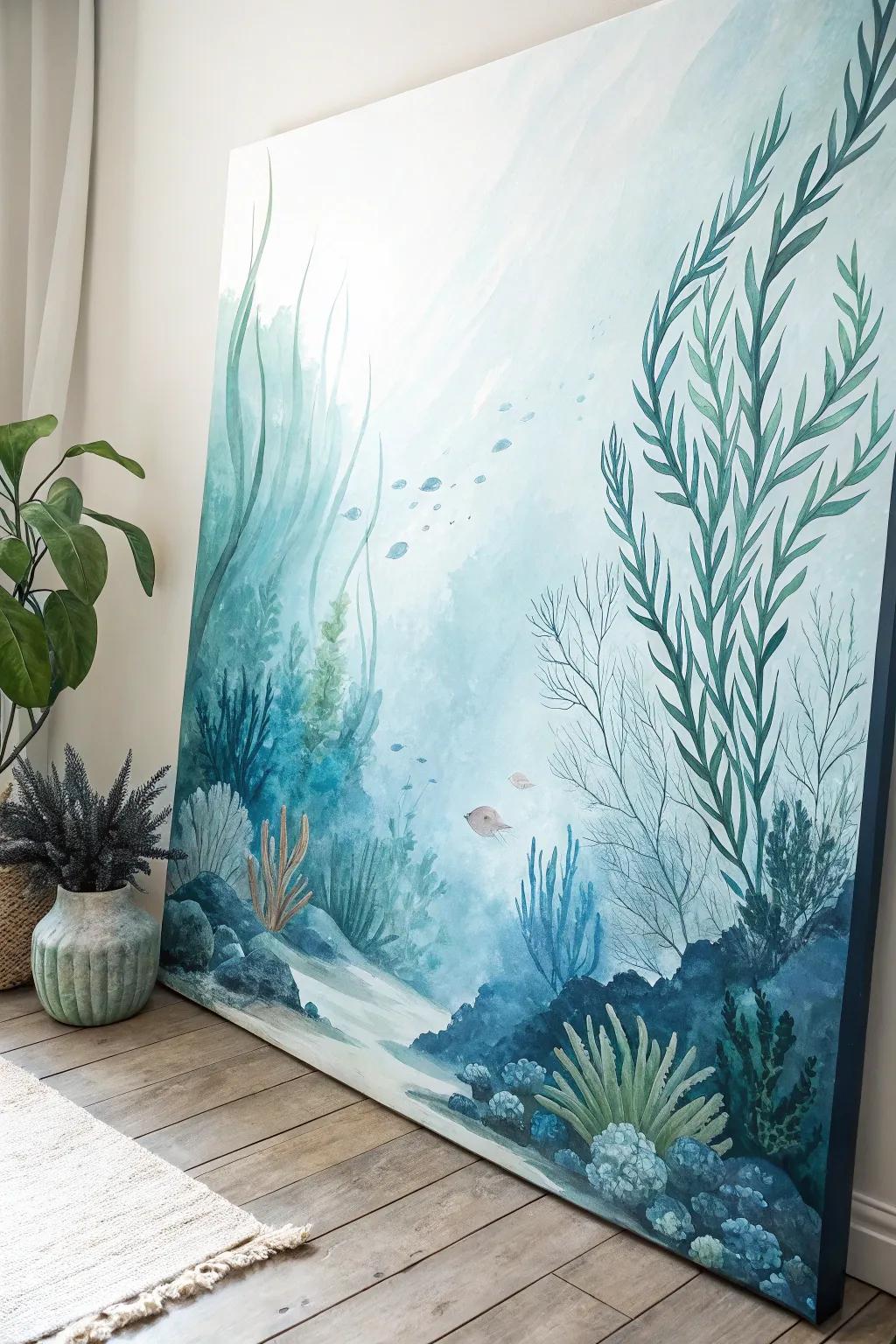 An abstract watercolor with underwater themes.