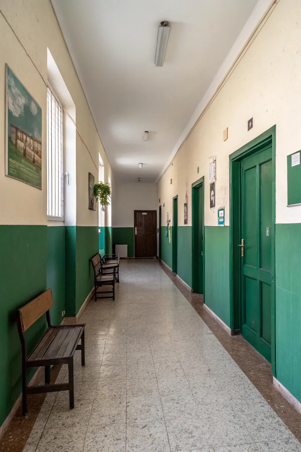 Half-finished walls contribute a distinctive flair to a hallway.