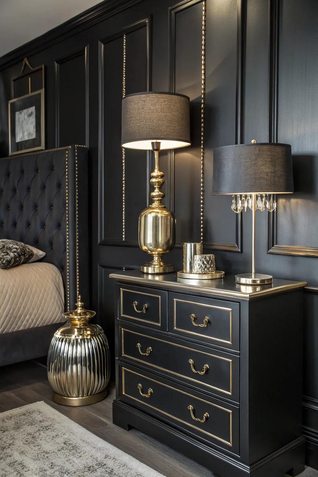 A black bedroom featuring metallic accents in decor and fixtures.