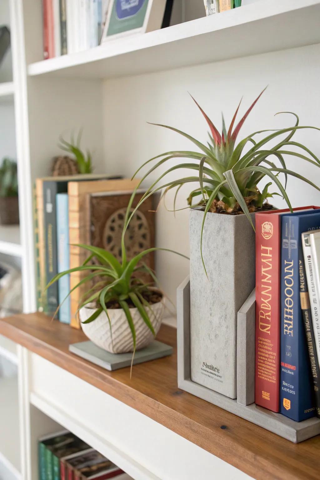 Air plants as bookends furnish a practical and exquisite accent.
